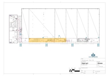 Planløsning for kontordel arealnr 1303 og 1304 er merket i gult