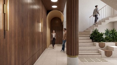 Representativt inngangsparti med påkostede materialvalg og høy arkitektonisk kvalitet.