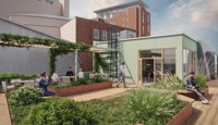 Felles takterrasse med grønne kvaliteter og soner for pauser, uformelle møter og sosialt samvær.