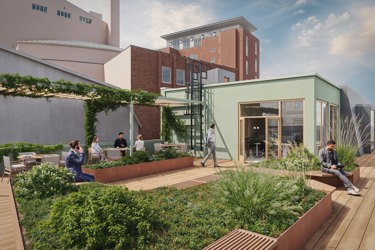 Felles takterrasse med grønne kvaliteter og soner for pauser, uformelle møter og sosialt samvær.