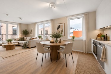 Moderne leiligheter med åpen stue-kjøkkenløsning. 
Kjøkken med hvitevarer. Komfyr, kjøle-fryseskap og oppvaskmaskin.
Bildene er digitalt møblert.