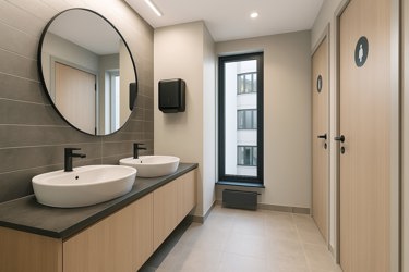 Forslag til materialvalg på badet. Bildet er AI generert.