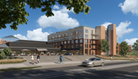 Illustrasjon av Triaden Helsetorg – et nytt og moderne helsesenter i hjertet av Lørenskog. Her samles rundt 3 500 m² med helsetjenester i funksjonelle lokaler med planlagt åpning i 2027.