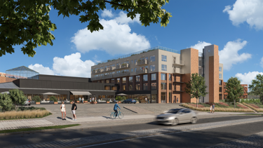 Illustrasjon av Triaden Helsetorg – et nytt og moderne helsesenter i hjertet av Lørenskog. Her samles rundt 3 500 m² med helsetjenester i funksjonelle lokaler med planlagt åpning i 2027.