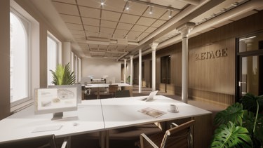 I kontoretasjene finner man høy detaljeringsgrad og gode kvaliteter på materialet, 3D-dimensjonalitet og skreddersøm kjennetegner interiøret.